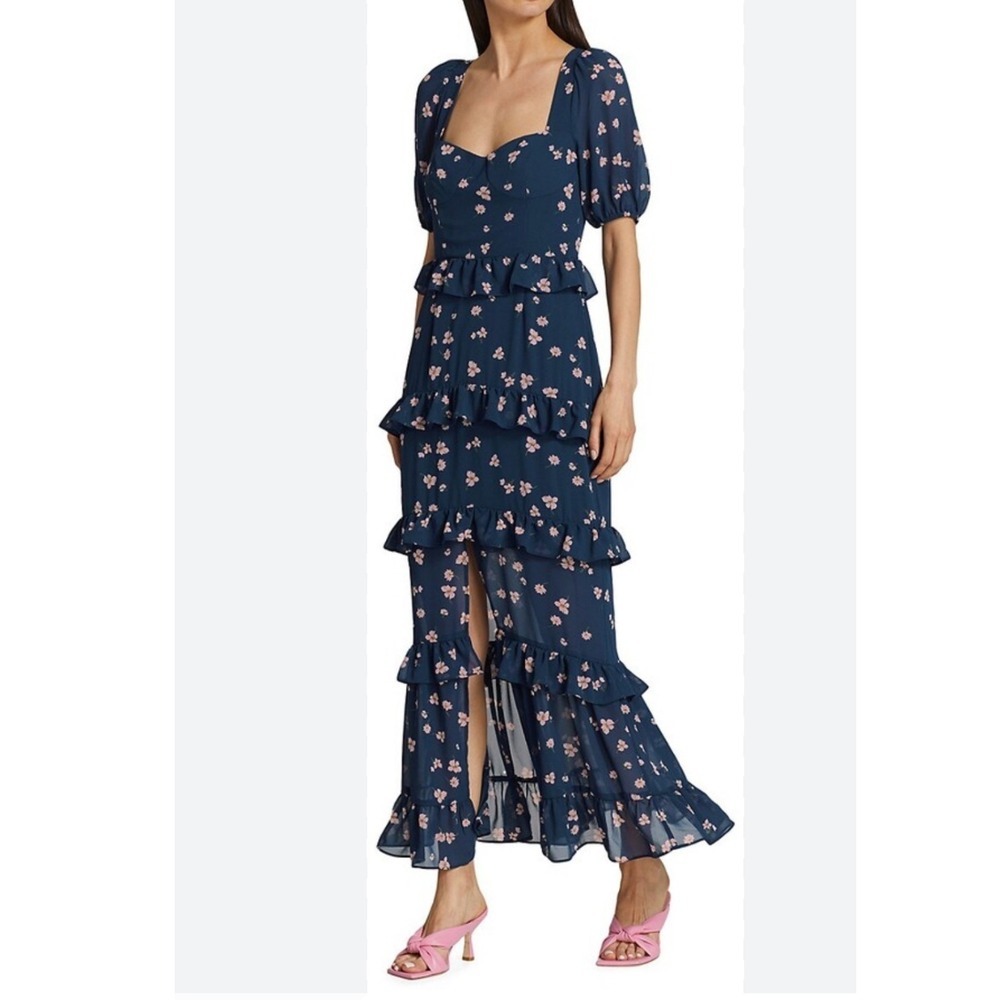 WAYF Cici Bustier Tiered Maxi Dress Navy Floral Womens Size Small - Picture 5 of 11